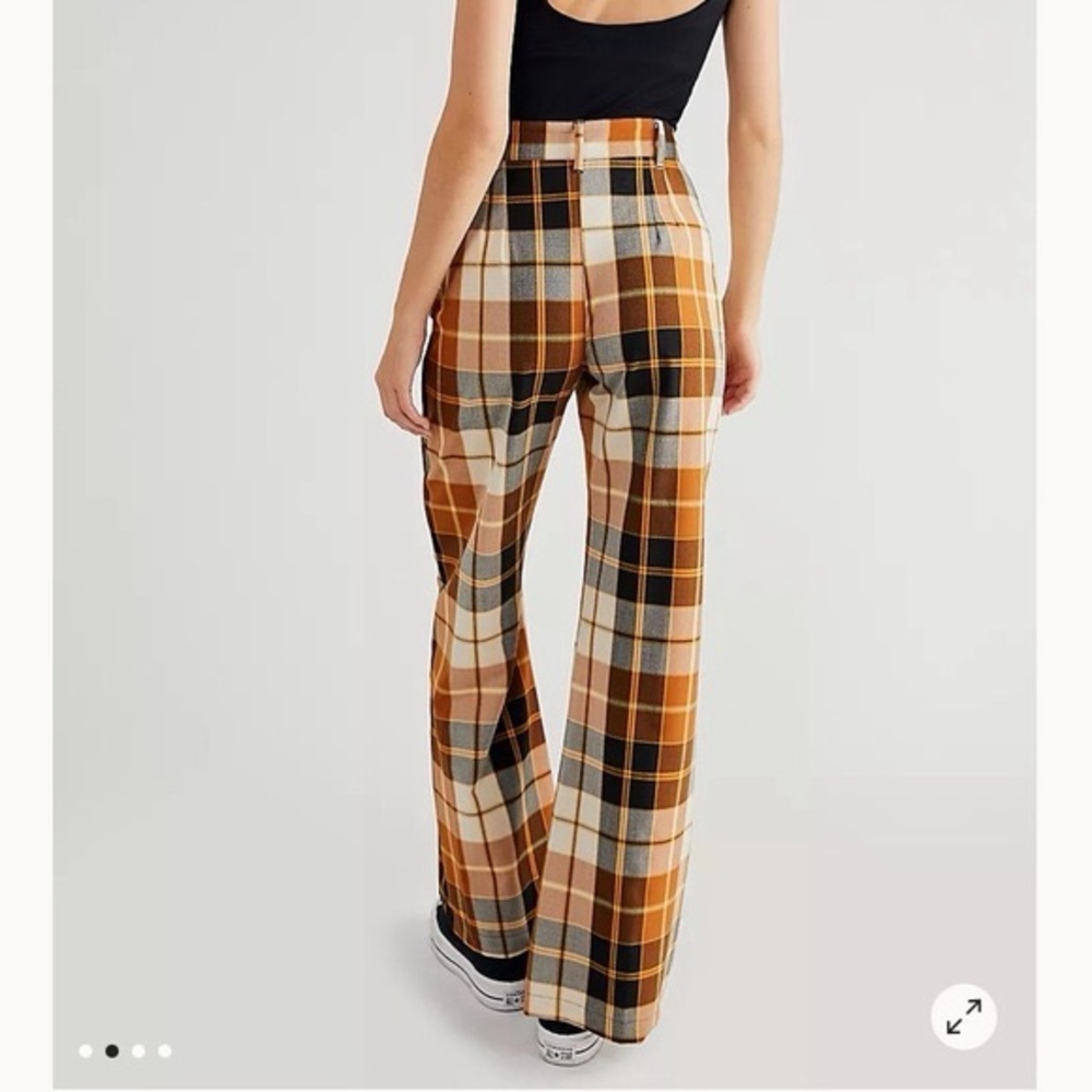 Free People Plaid Wide Leg Pants in Orange and Cream